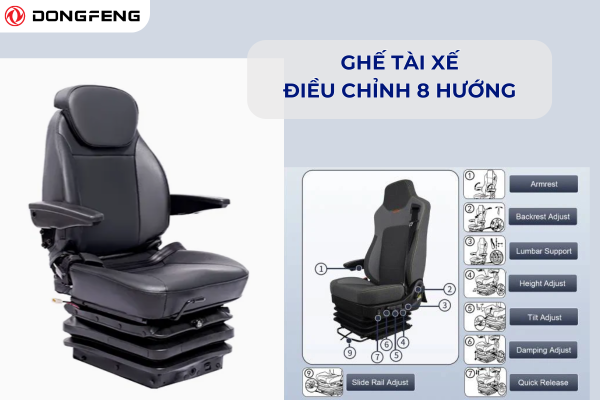 Trang bị ghế hơi có thể điều chỉnh được 8 hướng tiện lợi